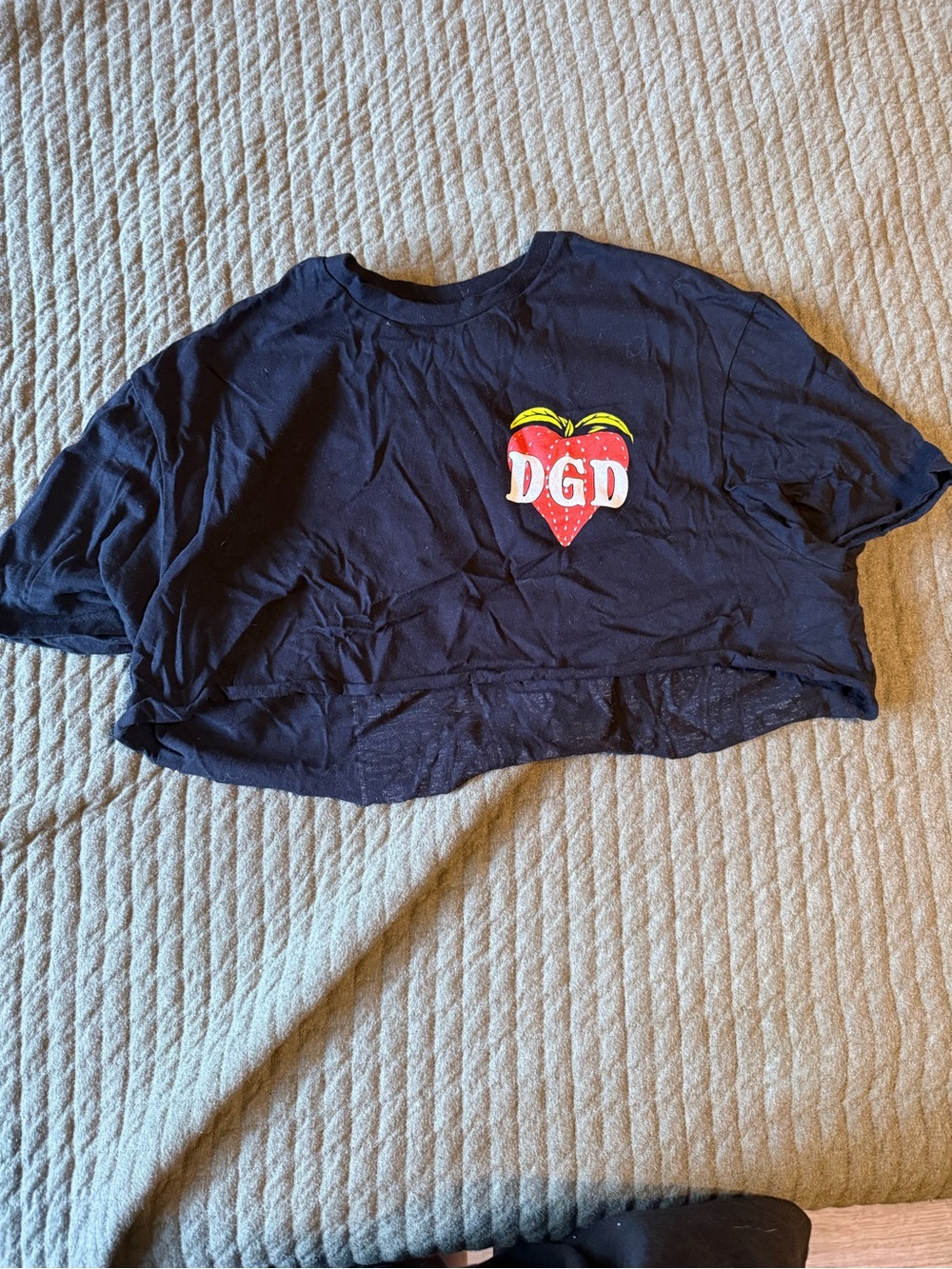 Black Cropped Graphic Tee with Strawberry Heart